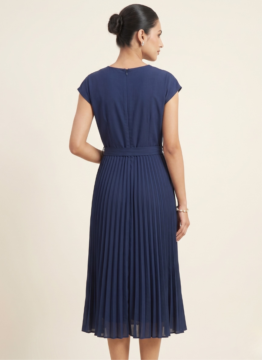 StyleCast Navy Round Neck Pleated Skirt Dress with Matching Belt