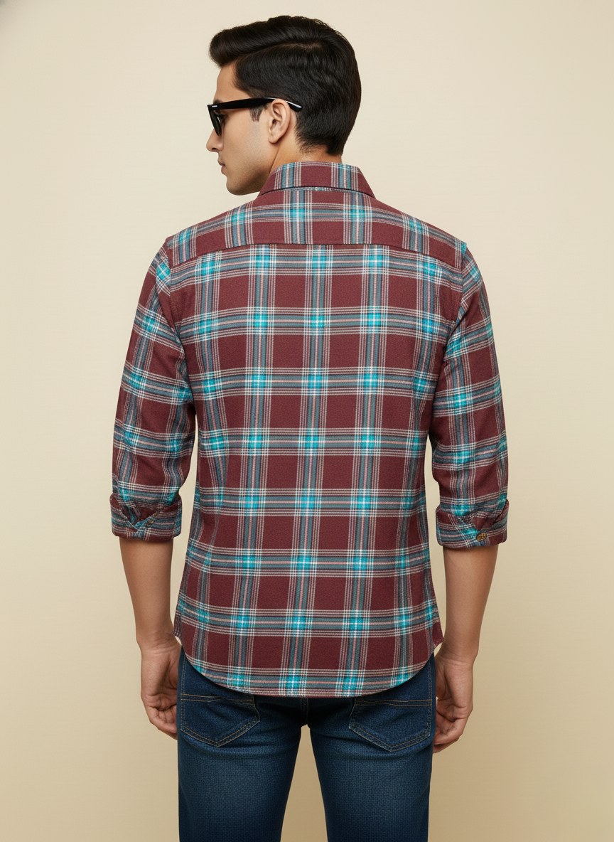 Rare Rabbit Wine & Teal Checked Slim Fit Full Sleeve Shirt