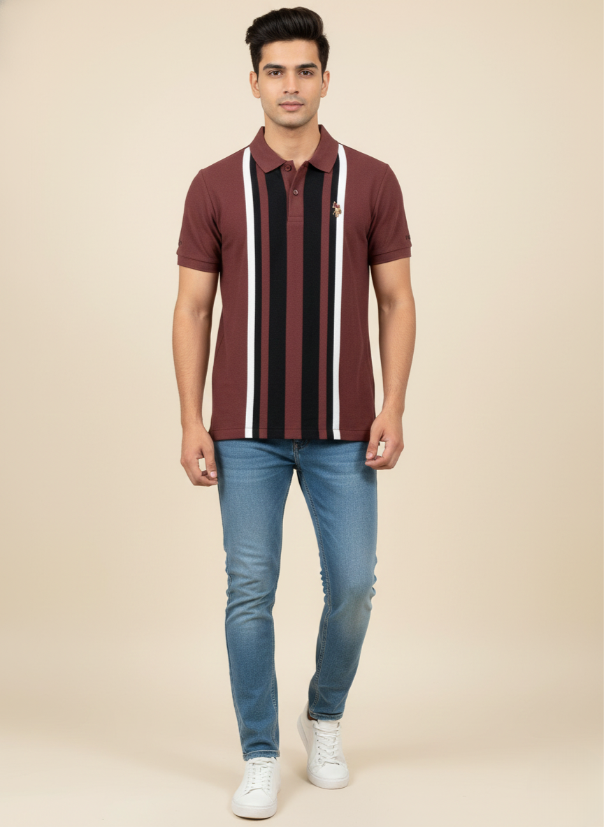 US Polo Assn Men’s Burgundy Striped Polo T-Shirt with Logo Patch