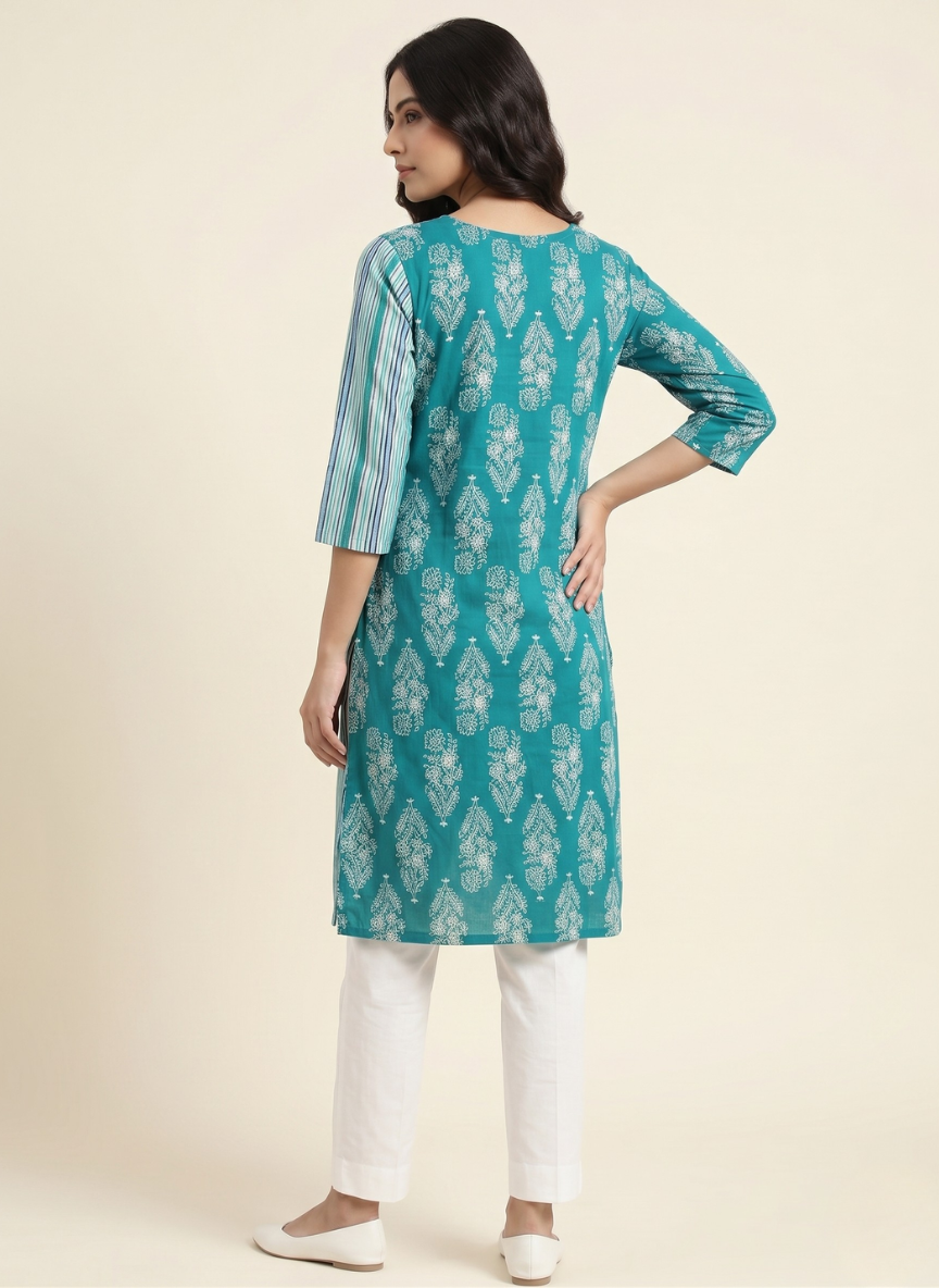 Women's Blue Floral Print & Striped Straight Cotton Kurti
