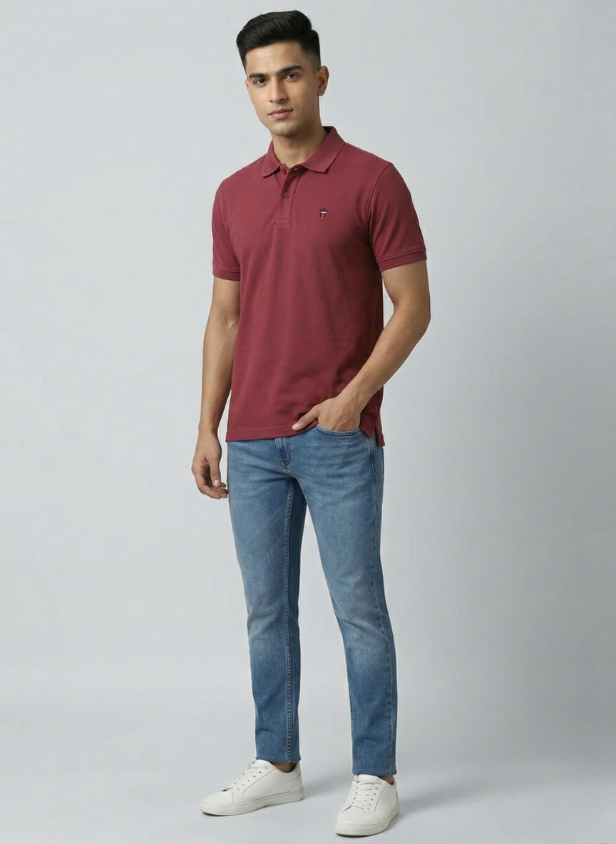 Louis Philippe Men’s Solid Red Polo Collar T-Shirt