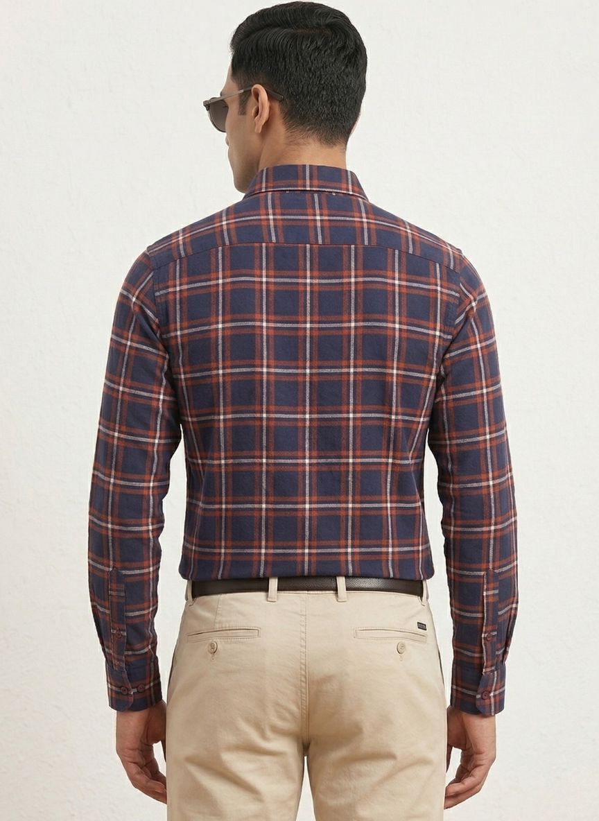 Metronaut Men’s Navy Blue & Rust Orange Plaid Casual Shirt - Full Sleeves