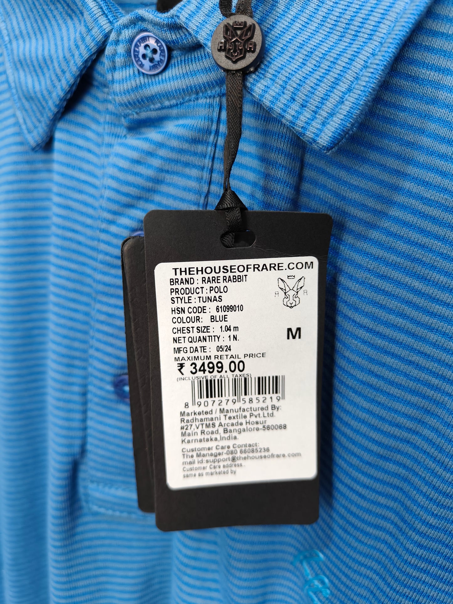 Rare Rabbit Men’s Striped Polo T-Shirt – Blue | Premium Cotton Stretch Fit