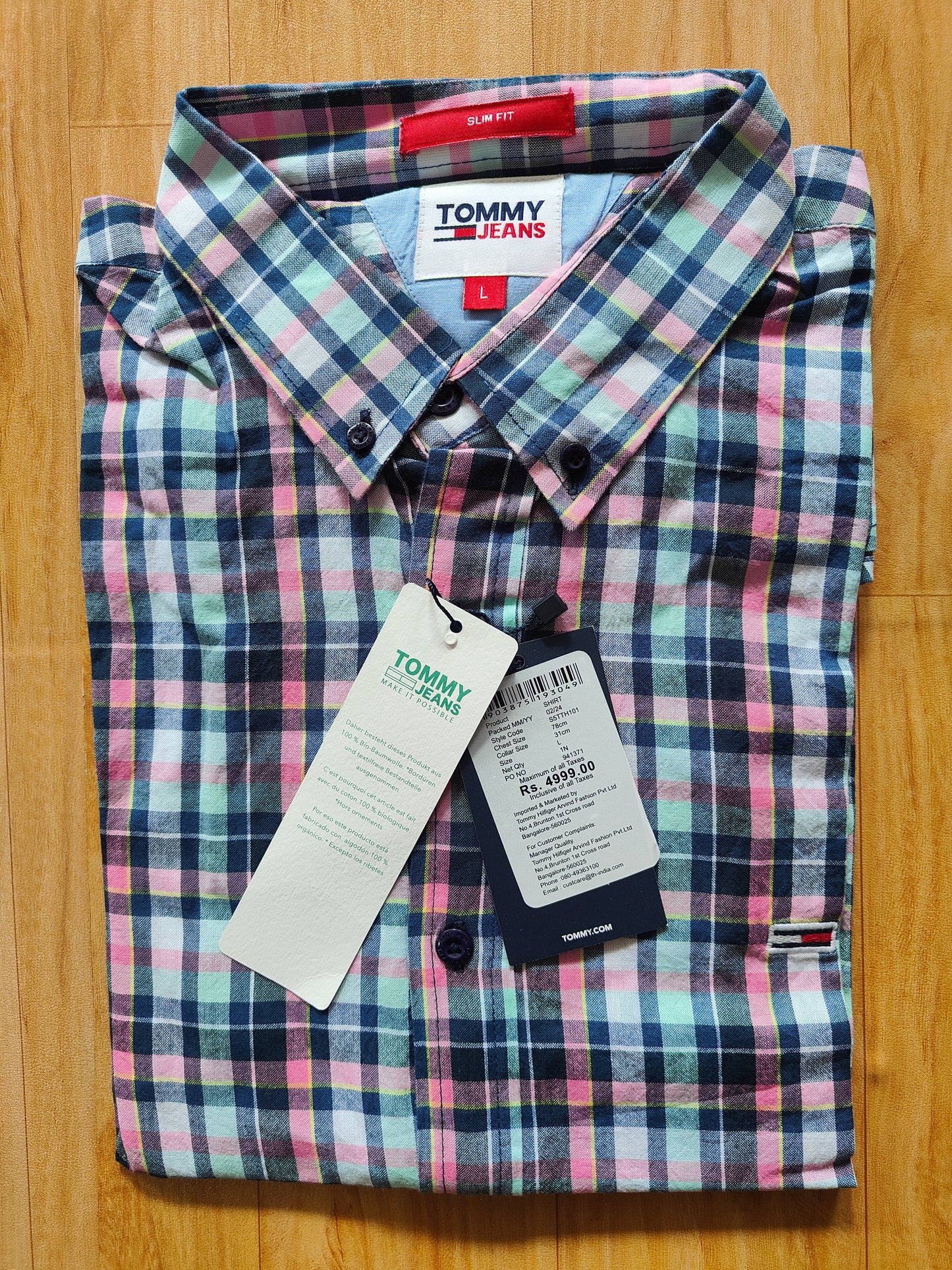 Tommy Jeans Men’s Slim Fit Button-Down Check Shirt – Pink/Navy Plaid