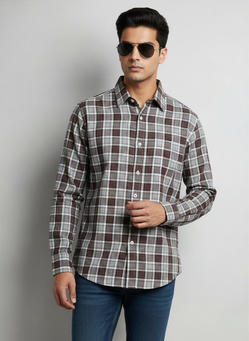 Rare Rabbit Men’s Brown Grey Checked Slim Fit Full Sleeve Shirt