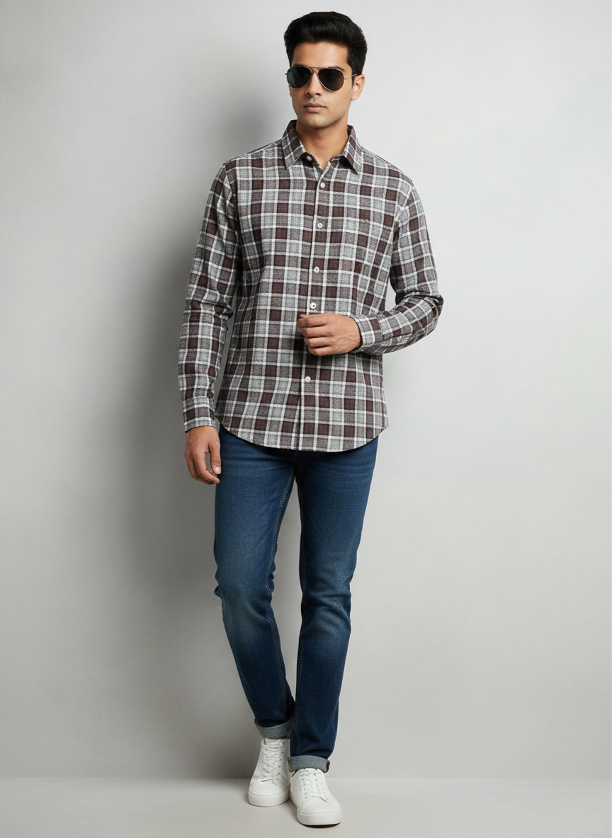 Rare Rabbit Men’s Brown Grey Checked Slim Fit Full Sleeve Shirt