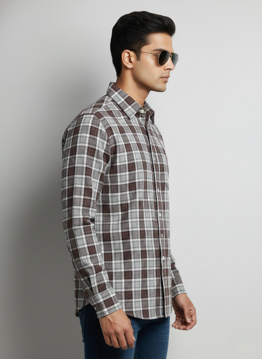 Rare Rabbit Men’s Brown Grey Checked Slim Fit Full Sleeve Shirt