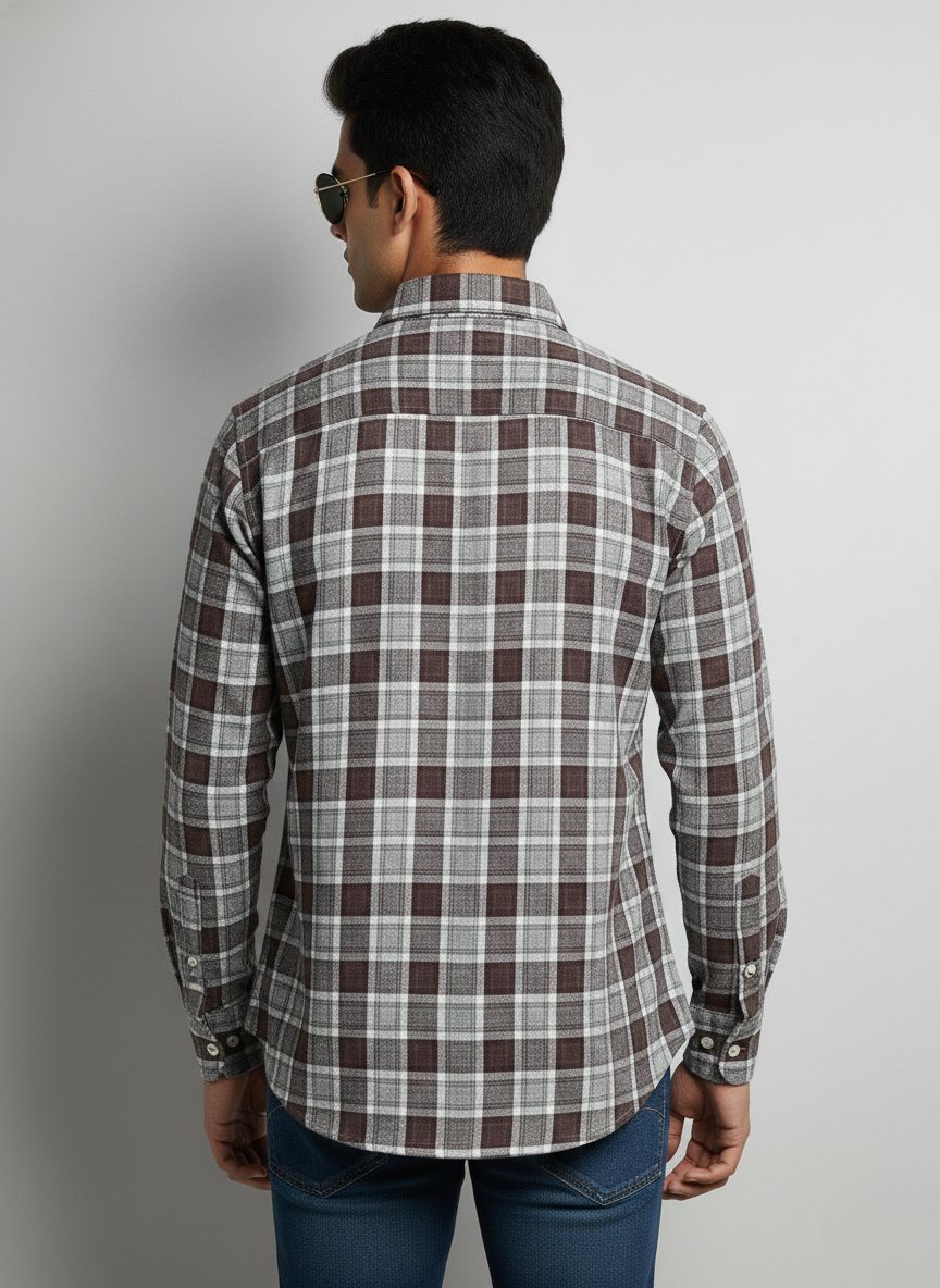 Rare Rabbit Men’s Brown Grey Checked Slim Fit Full Sleeve Shirt