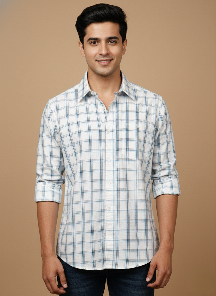 Rare Rabbit Men’s White Blue Checked Slim Fit Full Sleeve Shirt