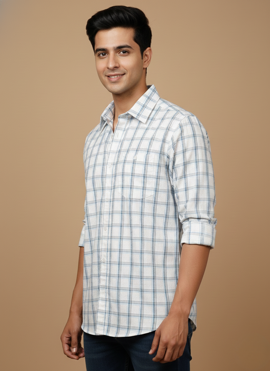 Rare Rabbit Men’s White Blue Checked Slim Fit Full Sleeve Shirt