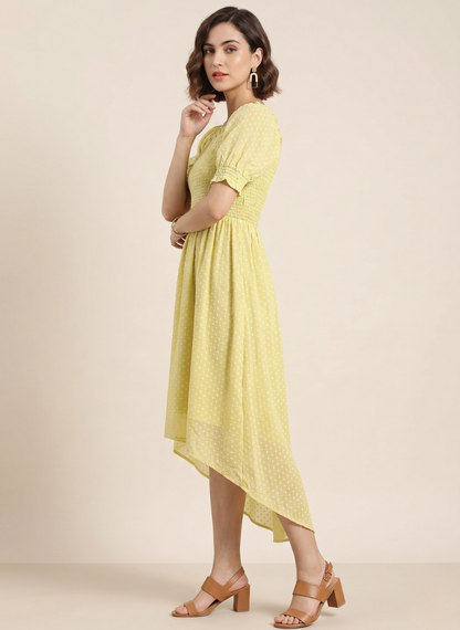 Women's Lemon Yellow Swiss Dot Smocked High-Low Maxi Dress - Luna Print