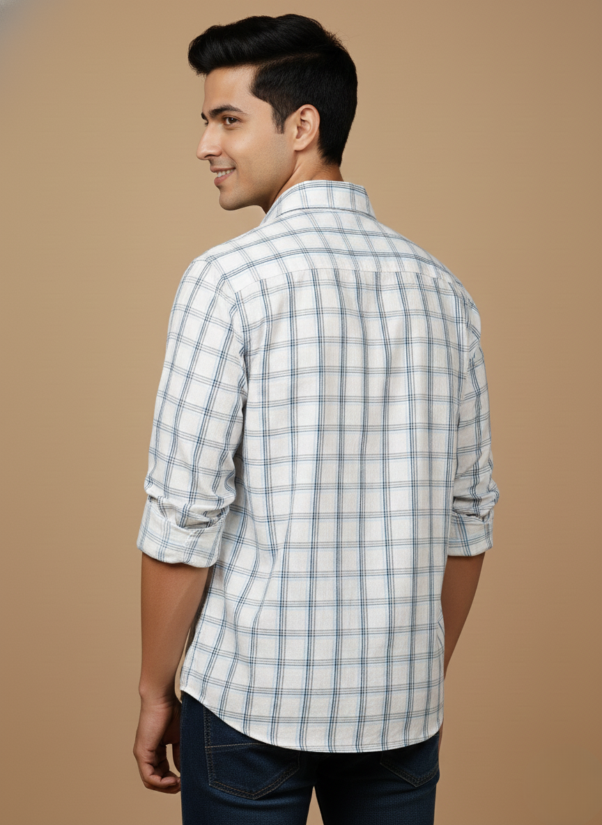 Rare Rabbit Men’s White Blue Checked Slim Fit Full Sleeve Shirt
