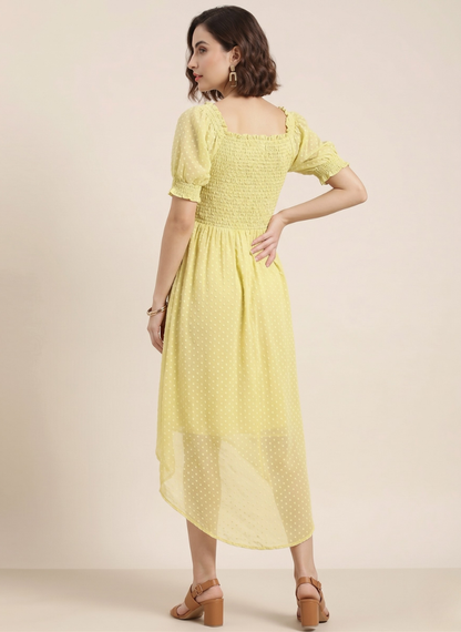 Women's Lemon Yellow Swiss Dot Smocked High-Low Maxi Dress - Luna Print