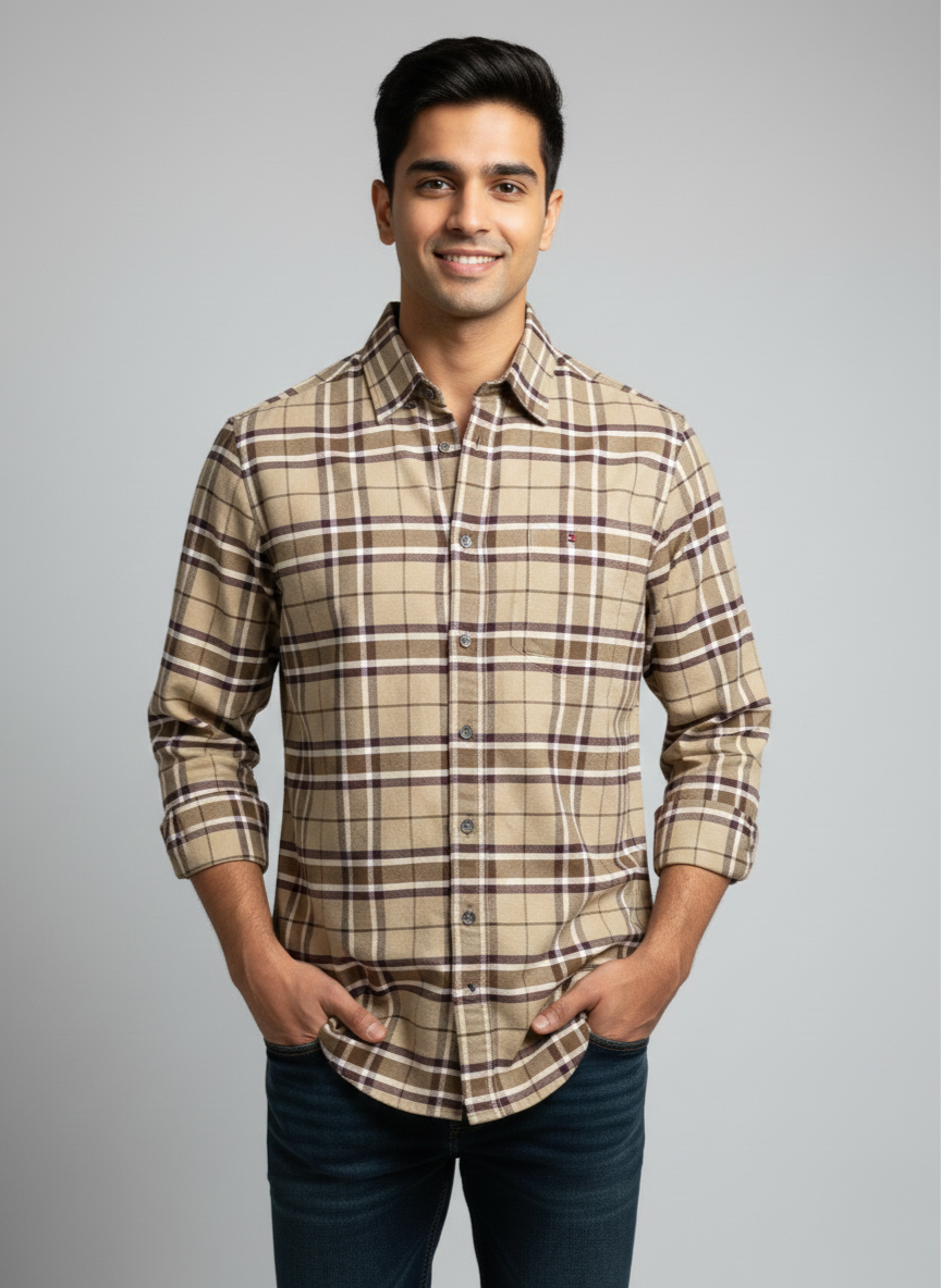 Tommy Hilfiger Beige Checked Men's Casual Shirt