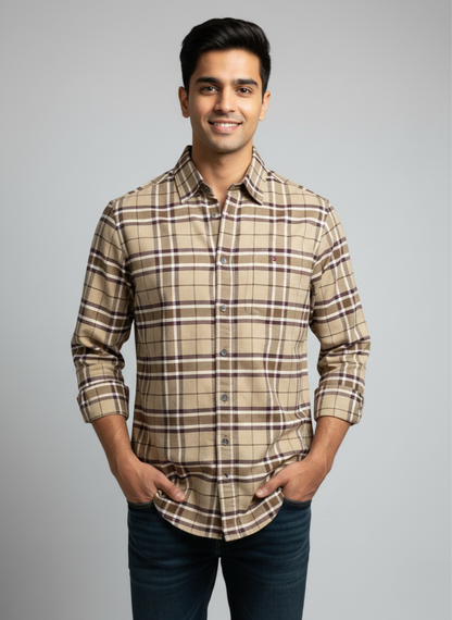Tommy Hilfiger Beige Checked Men's Casual Shirt