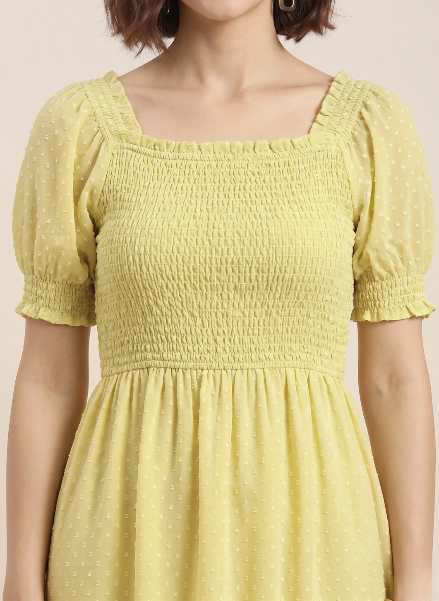 Women's Lemon Yellow Swiss Dot Smocked High-Low Maxi Dress - Luna Print