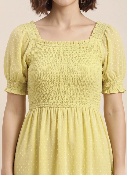 Women's Lemon Yellow Swiss Dot Smocked High-Low Maxi Dress - Luna Print