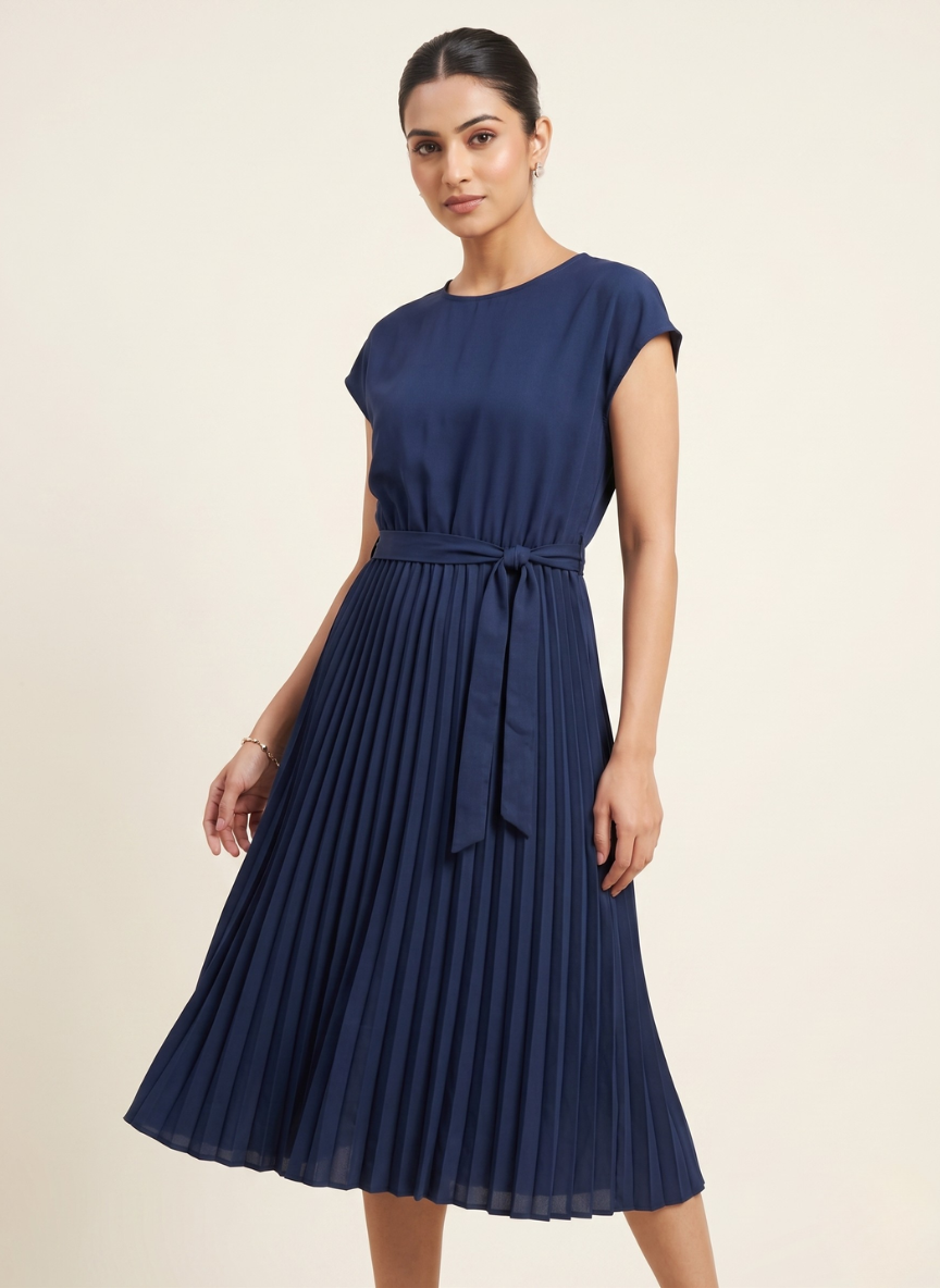 StyleCast Navy Round Neck Pleated Skirt Dress with Matching Belt