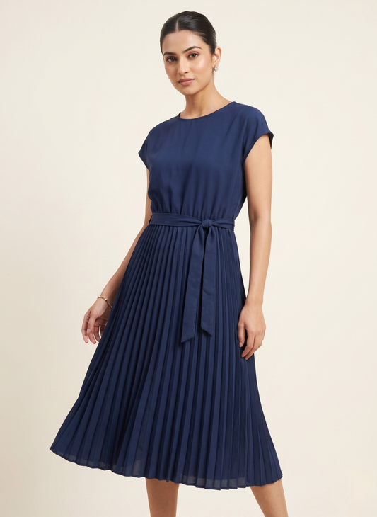 StyleCast Navy Round Neck Pleated Skirt Dress with Matching Belt