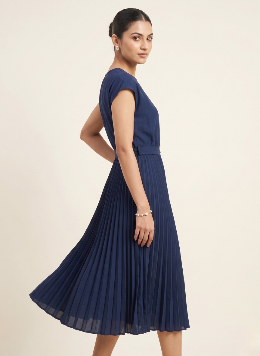 StyleCast Navy Round Neck Pleated Skirt Dress with Matching Belt