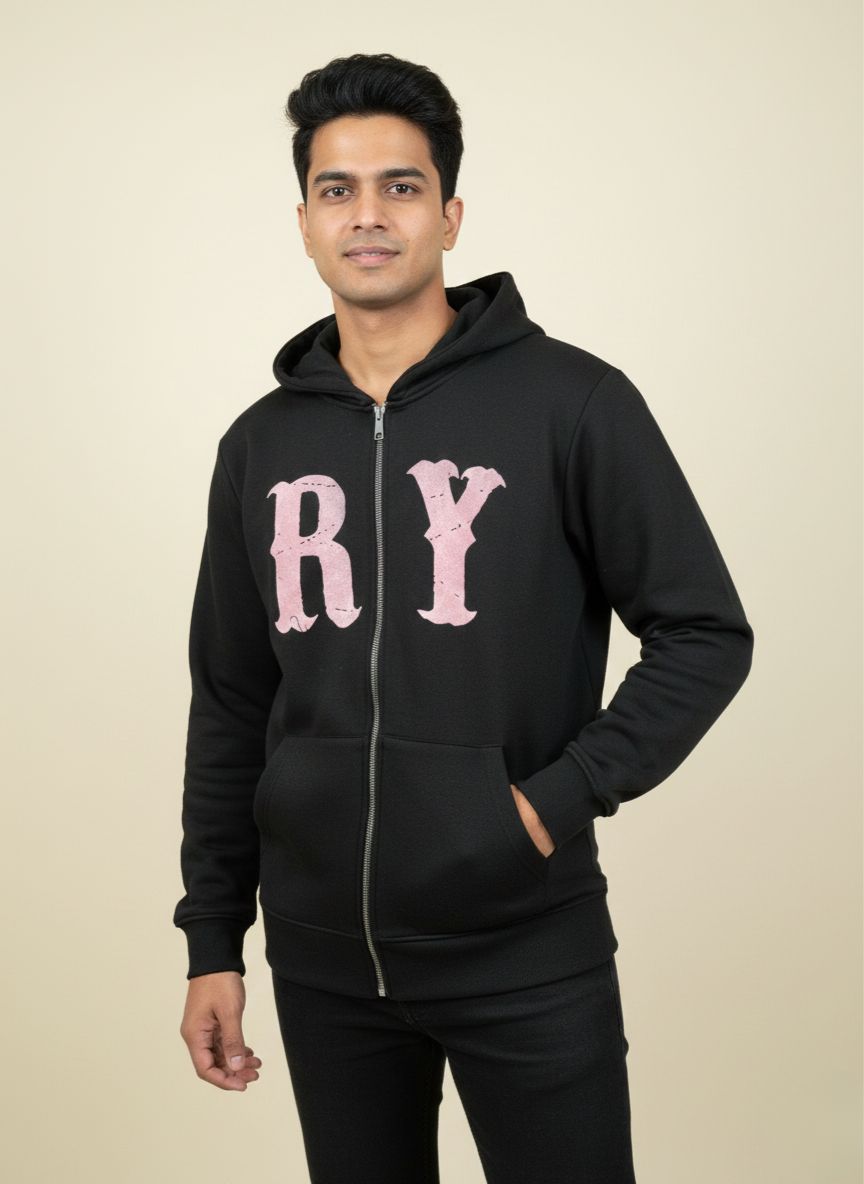 Rare Rabbit Black Graphic Zip-Up Hoodie