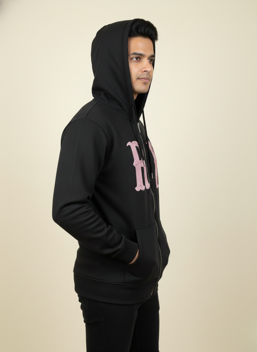 Rare Rabbit Black Graphic Zip-Up Hoodie