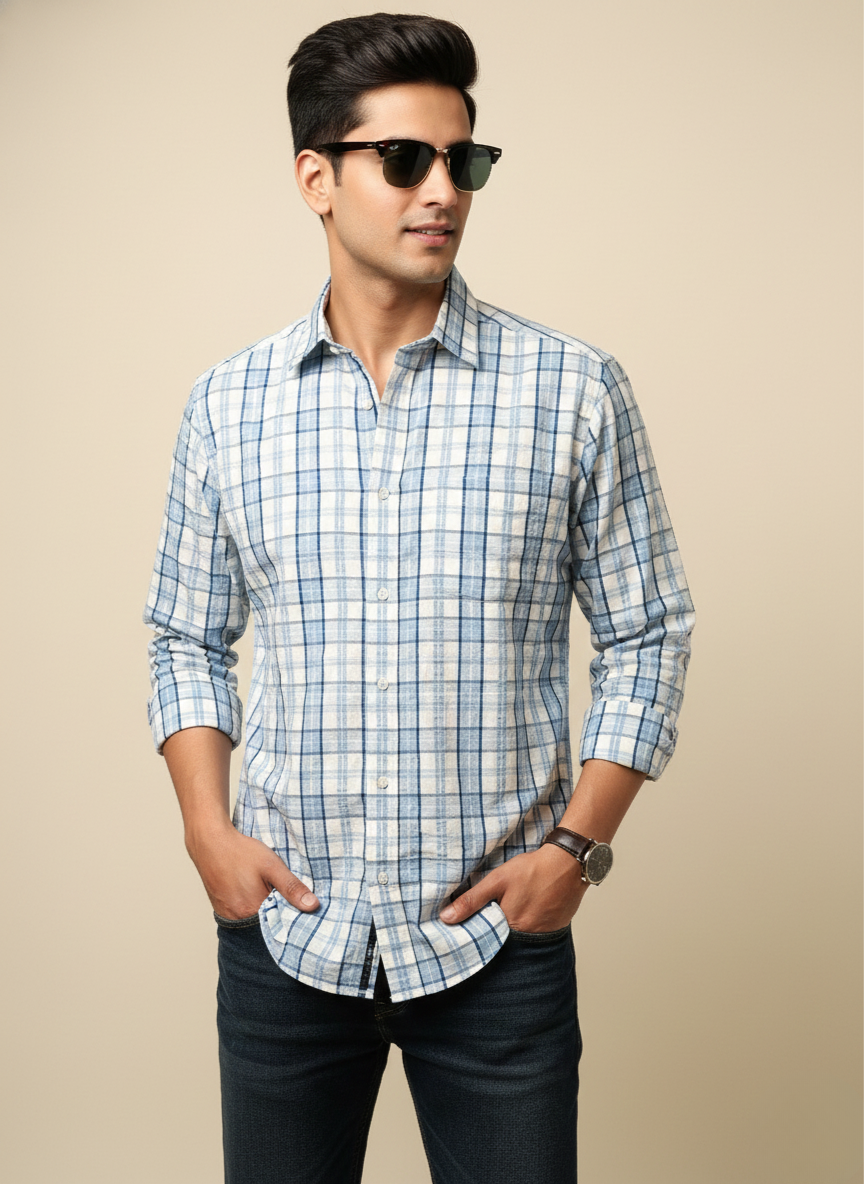 Rare Rabbit Sky Blue & Off-White Checked Slim Fit Full Sleeve Shirt