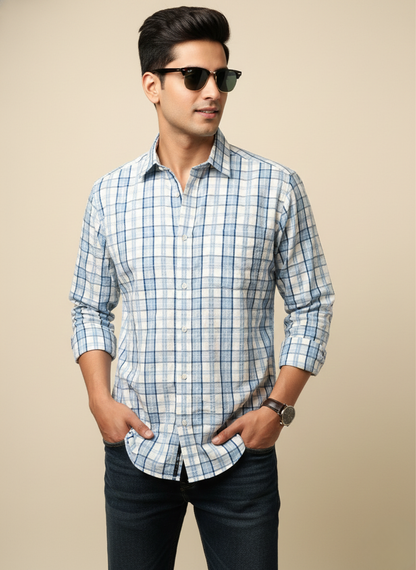 Rare Rabbit Sky Blue & Off-White Checked Slim Fit Full Sleeve Shirt