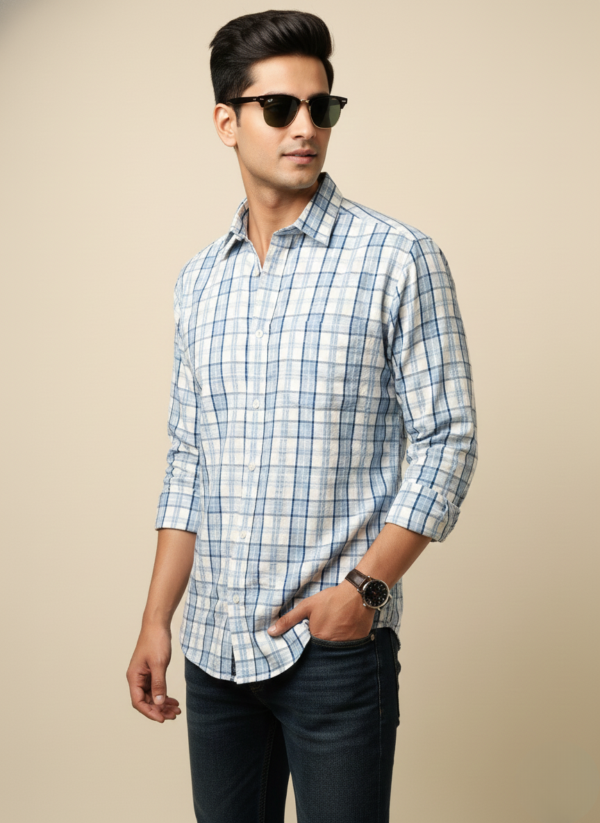 Rare Rabbit Sky Blue & Off-White Checked Slim Fit Full Sleeve Shirt