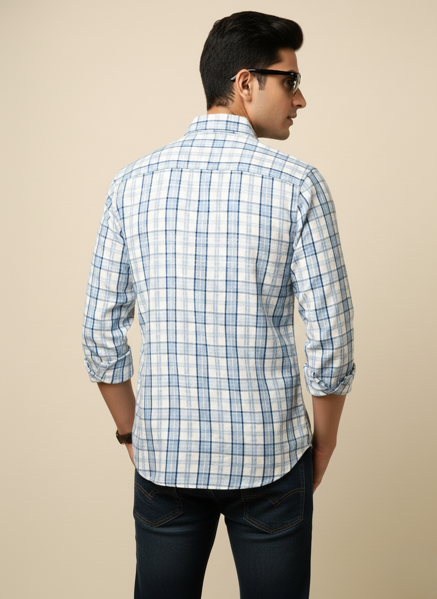 Rare Rabbit Sky Blue & Off-White Checked Slim Fit Full Sleeve Shirt
