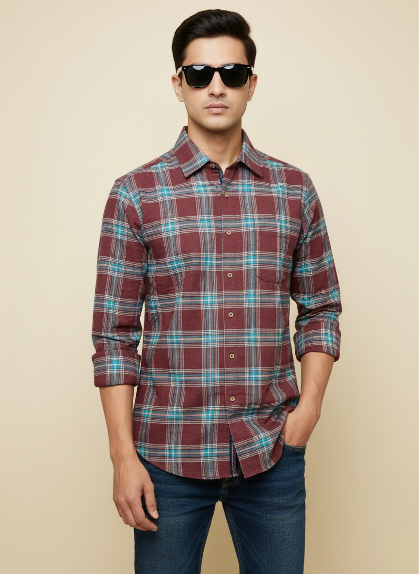 Rare Rabbit Wine & Teal Checked Slim Fit Full Sleeve Shirt