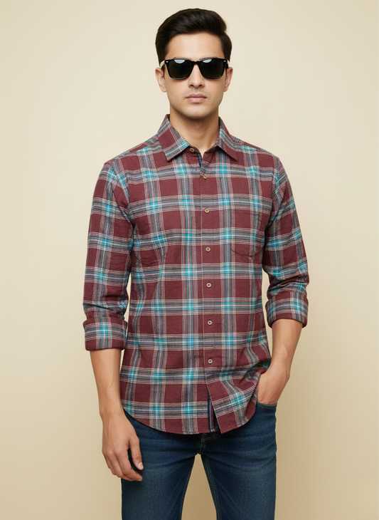 Rare Rabbit Wine & Teal Checked Slim Fit Full Sleeve Shirt