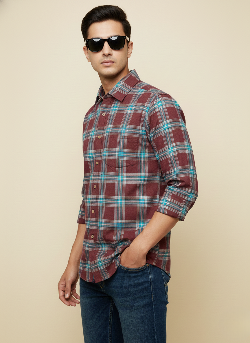 Rare Rabbit Wine & Teal Checked Slim Fit Full Sleeve Shirt