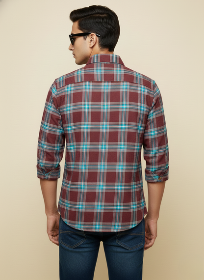 Rare Rabbit Wine & Teal Checked Slim Fit Full Sleeve Shirt