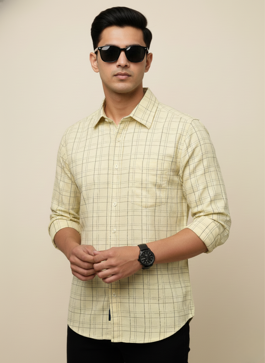 Rare Rabbit Butter Yellow & Black Checked Slim Fit Full Sleeve Shirt