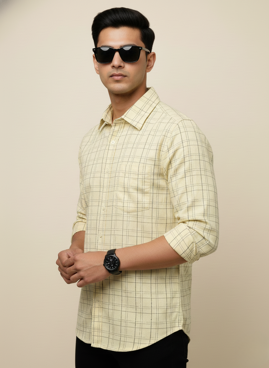 Rare Rabbit Butter Yellow & Black Checked Slim Fit Full Sleeve Shirt