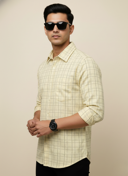 Rare Rabbit Butter Yellow & Black Checked Slim Fit Full Sleeve Shirt