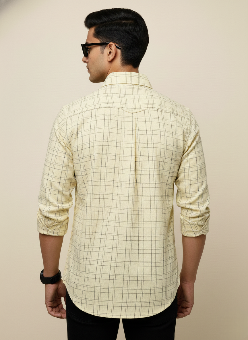 Rare Rabbit Butter Yellow & Black Checked Slim Fit Full Sleeve Shirt