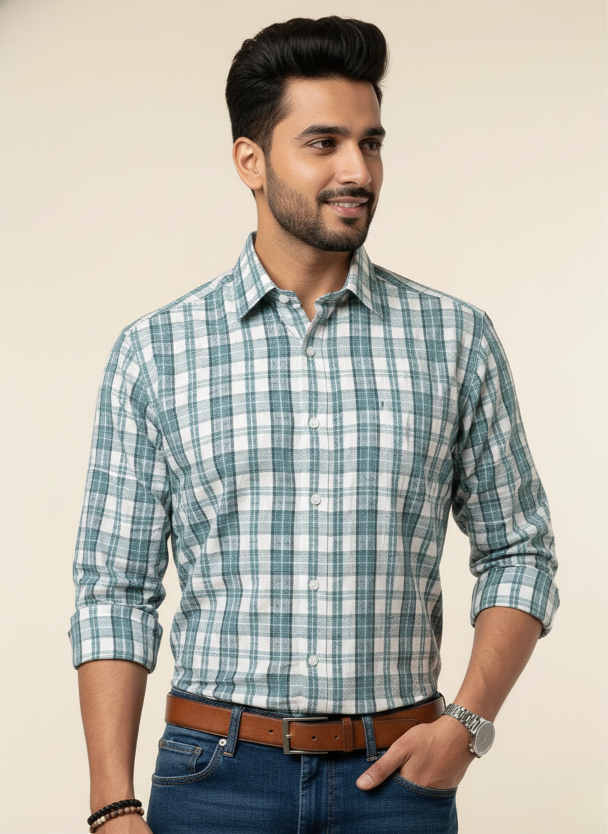 Rare Rabbit Sage Green & Off-White Checked Slim Fit Full Sleeve Shirt