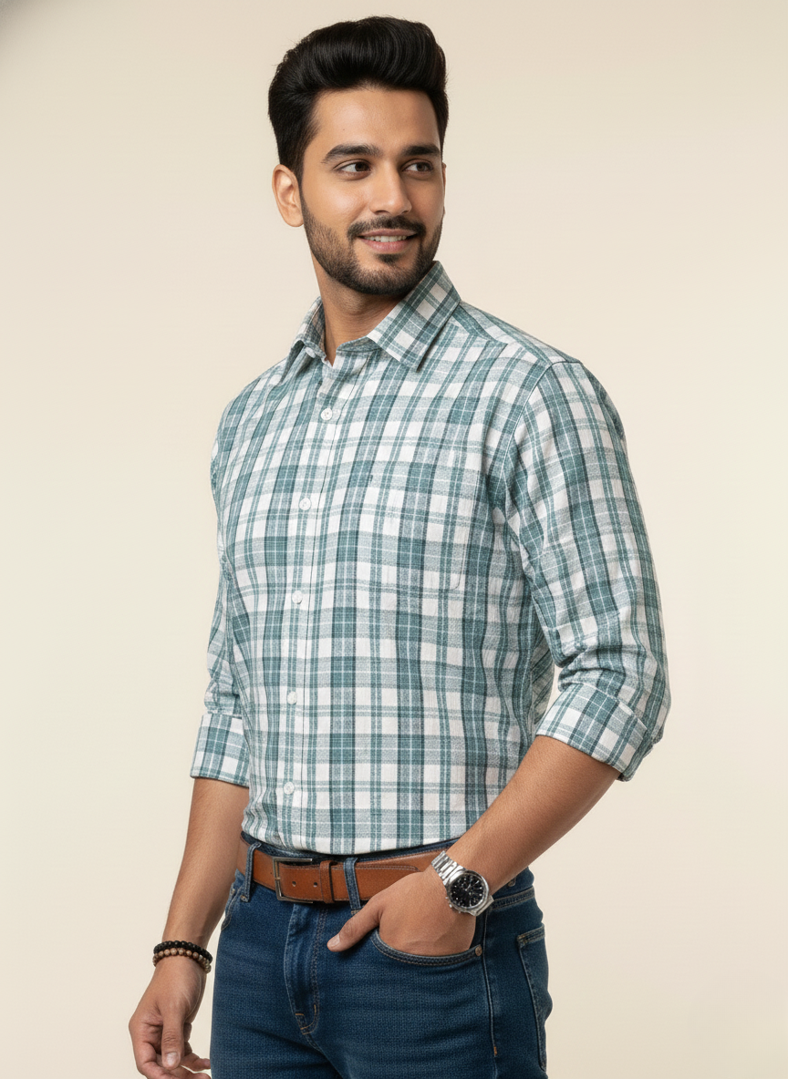 Rare Rabbit Sage Green & Off-White Checked Slim Fit Full Sleeve Shirt