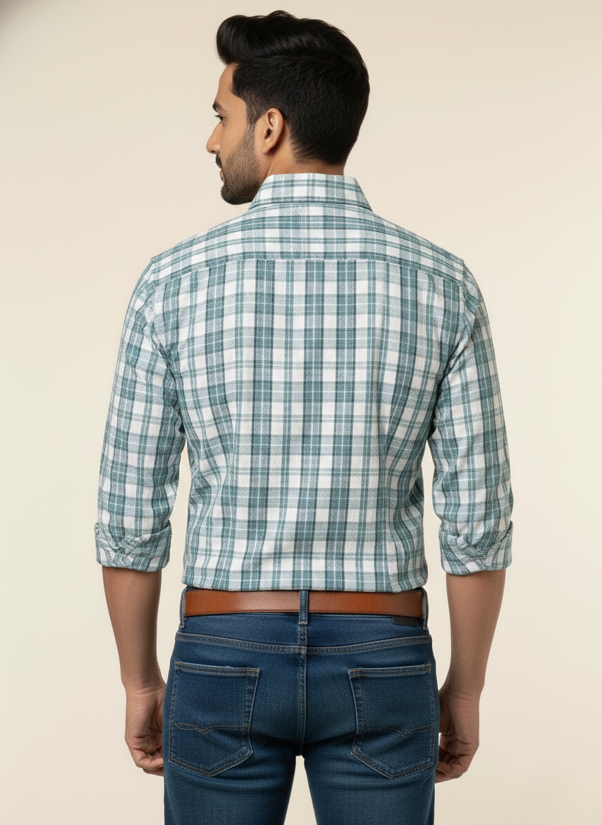 Rare Rabbit Sage Green & Off-White Checked Slim Fit Full Sleeve Shirt