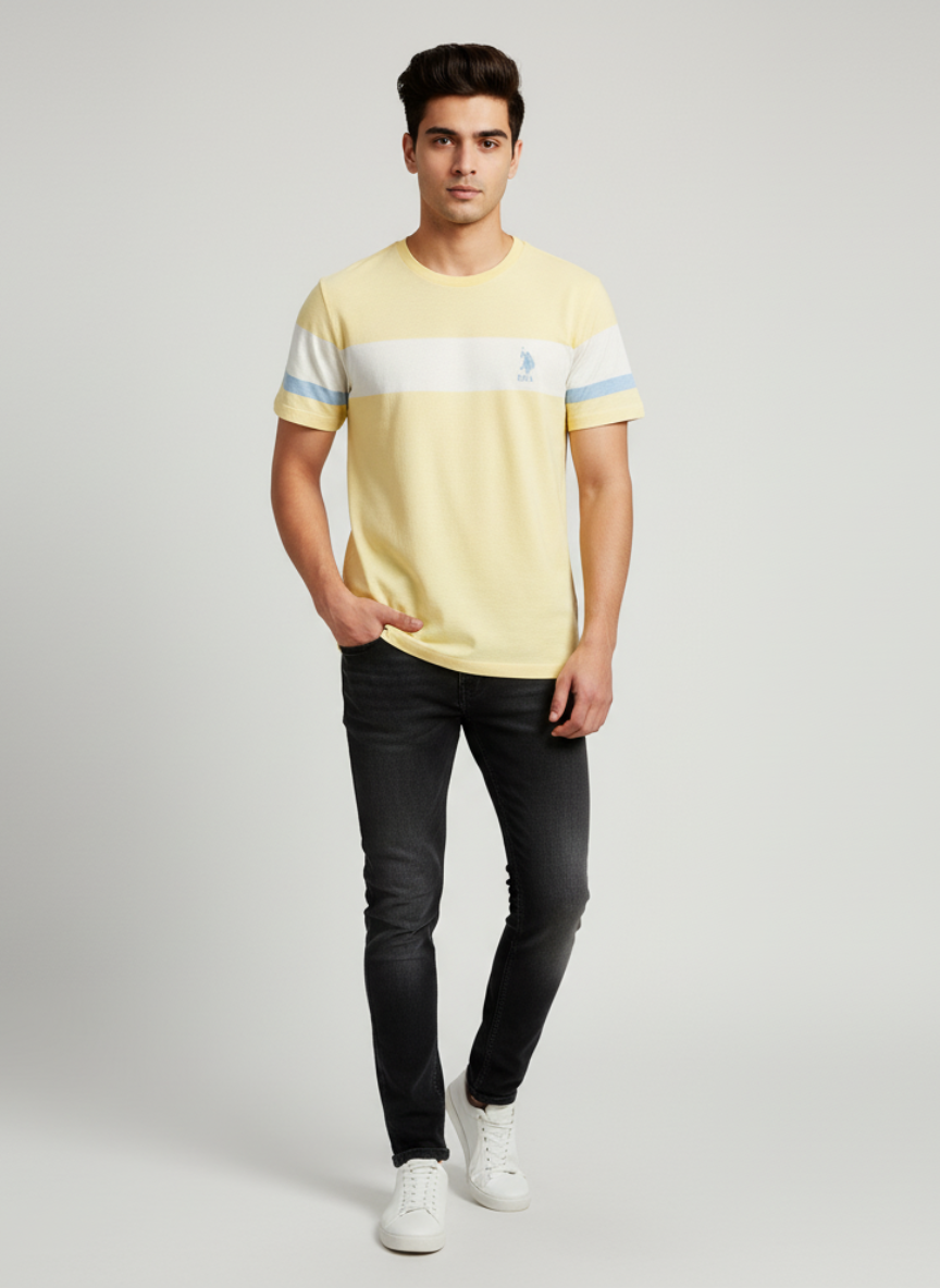 U.S. Polo Assn. Men's Light Yellow Casual T-Shirt with Blue Stripes