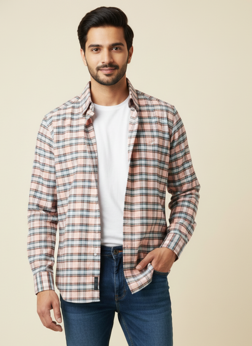 Rare Rabbit Peach & Teal Checked Slim Fit Full Sleeve Shirt