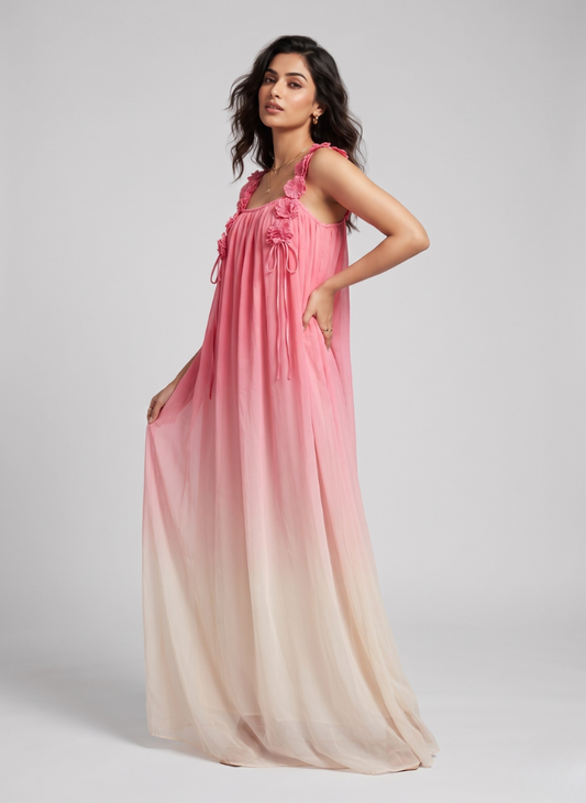 JC Mode Women's Pink Ombre Sleeveless Maxi Dress with Floral Lace Straps