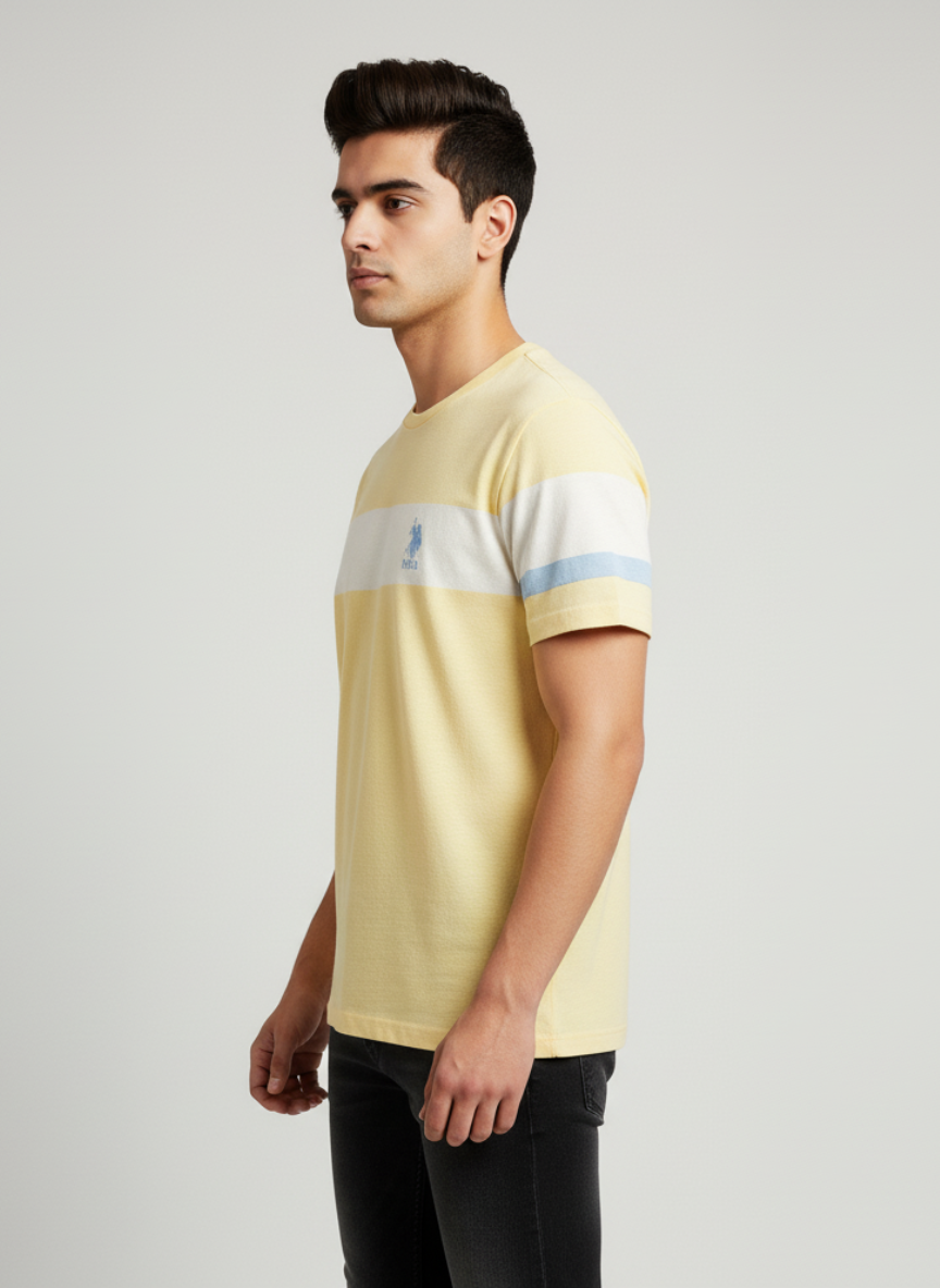 U.S. Polo Assn. Men's Light Yellow Casual T-Shirt with Blue Stripes