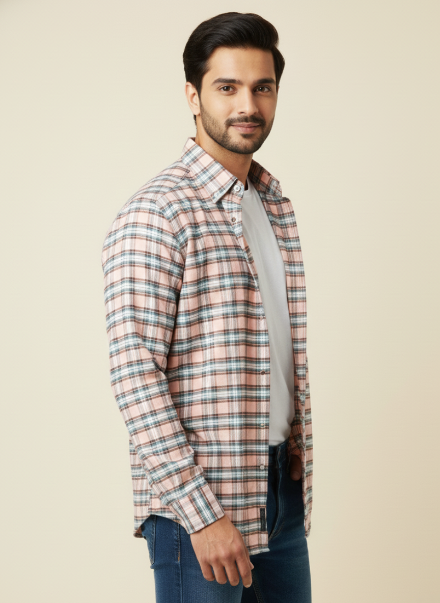 Rare Rabbit Peach & Teal Checked Slim Fit Full Sleeve Shirt