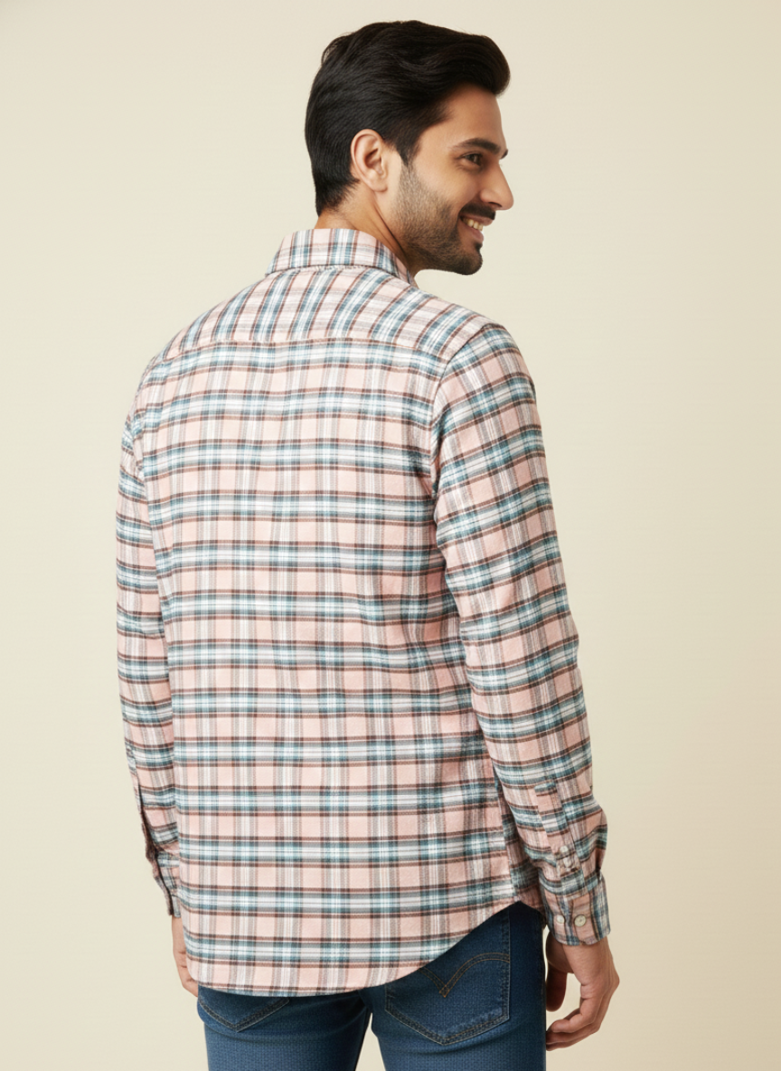 Rare Rabbit Peach & Teal Checked Slim Fit Full Sleeve Shirt