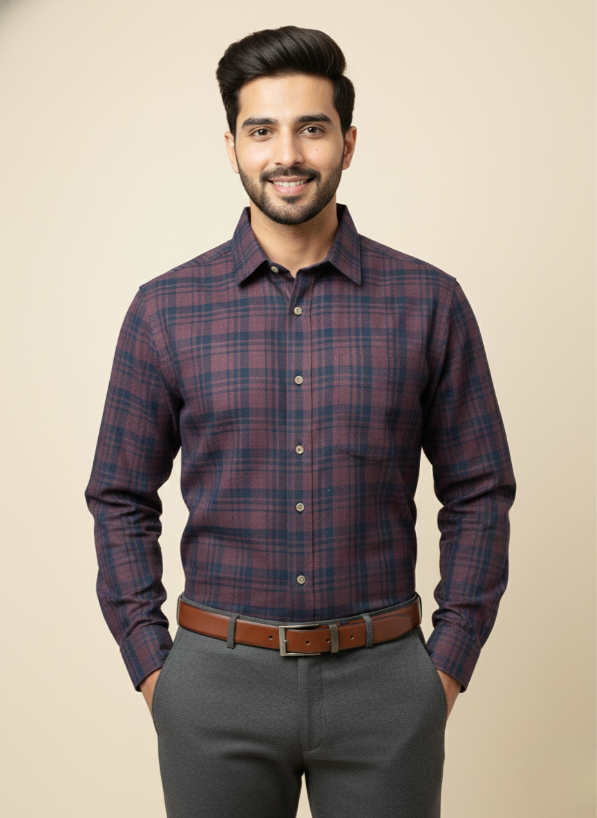 Rare Rabbit  Burgundy & Navy Checked Slim Fit Full Sleeve Shirt