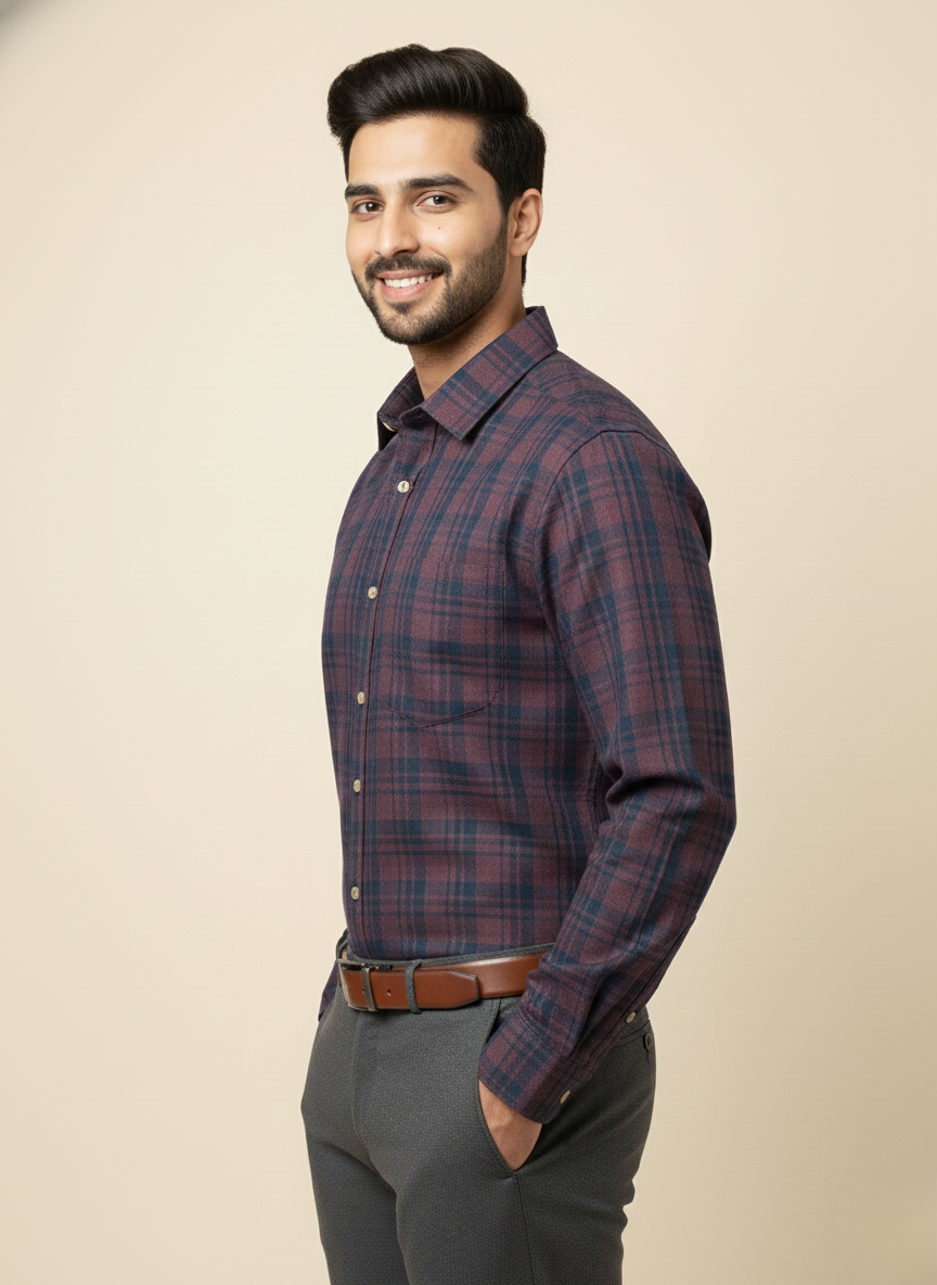 Rare Rabbit  Burgundy & Navy Checked Slim Fit Full Sleeve Shirt