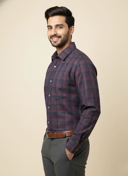 Rare Rabbit  Burgundy & Navy Checked Slim Fit Full Sleeve Shirt